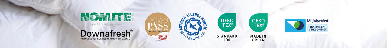viser logo til alle sertifiseringer hos norsk dun og norvigroup: nomite, downafresh, oeko-tex, nordic ecolabel, downpass, asthma allergy nordic, miljøfyrtårn 